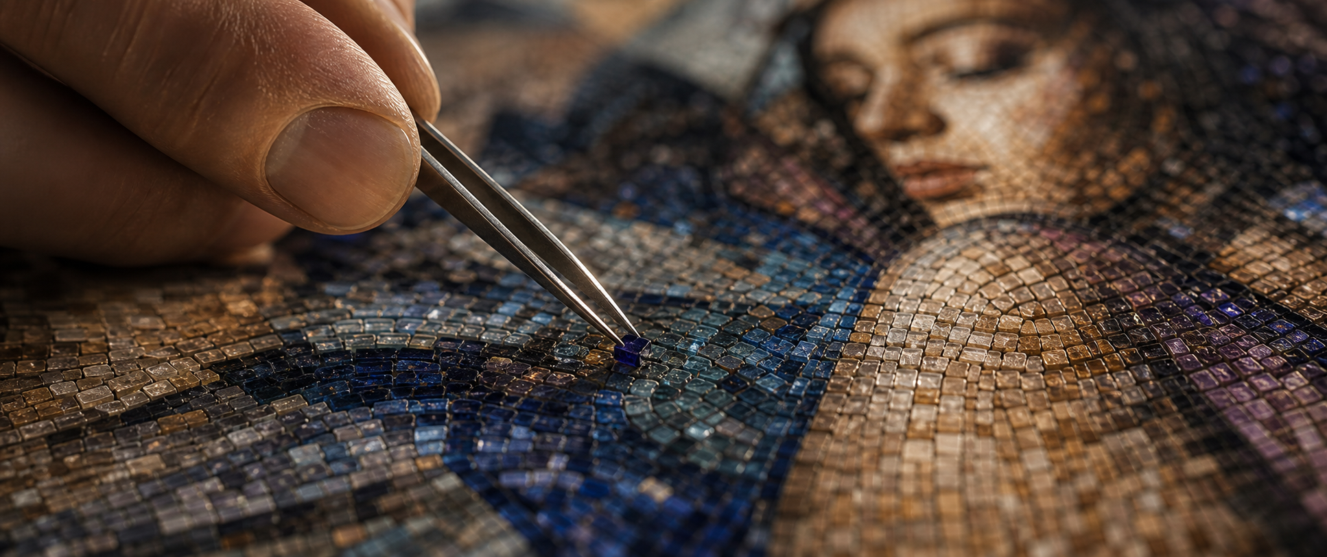 Blue Notion editorial macro study of hand-placed glass tesserae