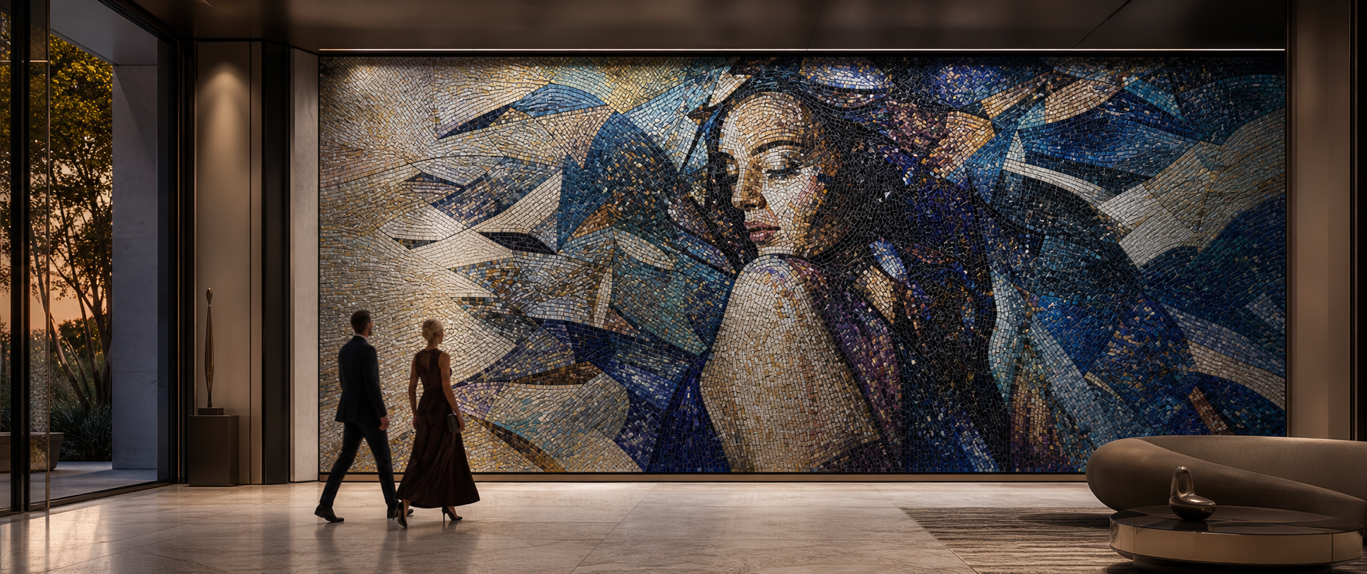 Blue Notion editorial lobby environment with a monumental bespoke glass-tessera artwork